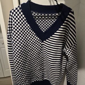 Striped Checkered V Neck Long Sleeve Fall Business Casual Knit Pullover Sweater